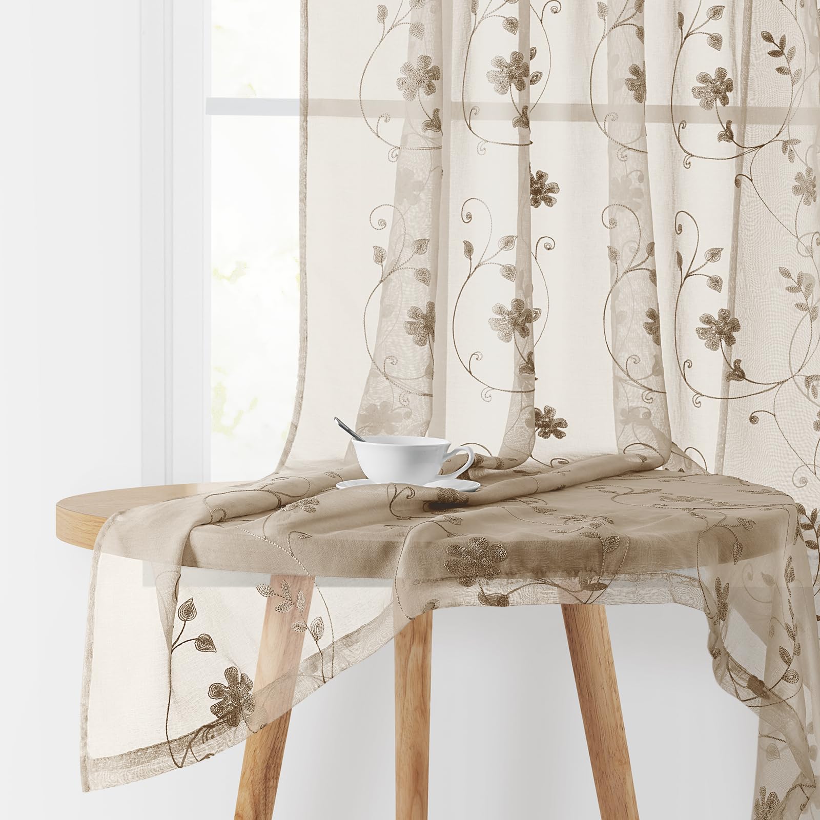 Homeideas Taupe Sheer Curtains 63 Inches Length 2 Panels Beige Embroidered Floral Sheer Pattern Curtains Semi Sheer Window Curtains For Bedroom Living Room